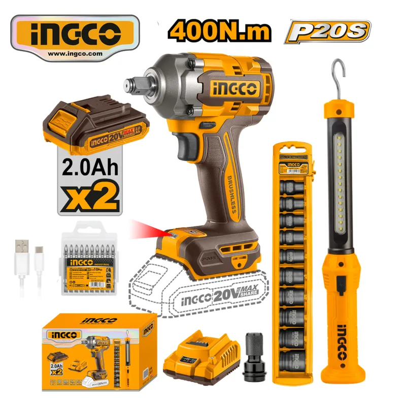 INGCO TOOLS - COSLI23048 COMBO LLAVE DE IMPACTO 400 Nm + LINTERNA MAGNÉTICA + ACCESORIOS