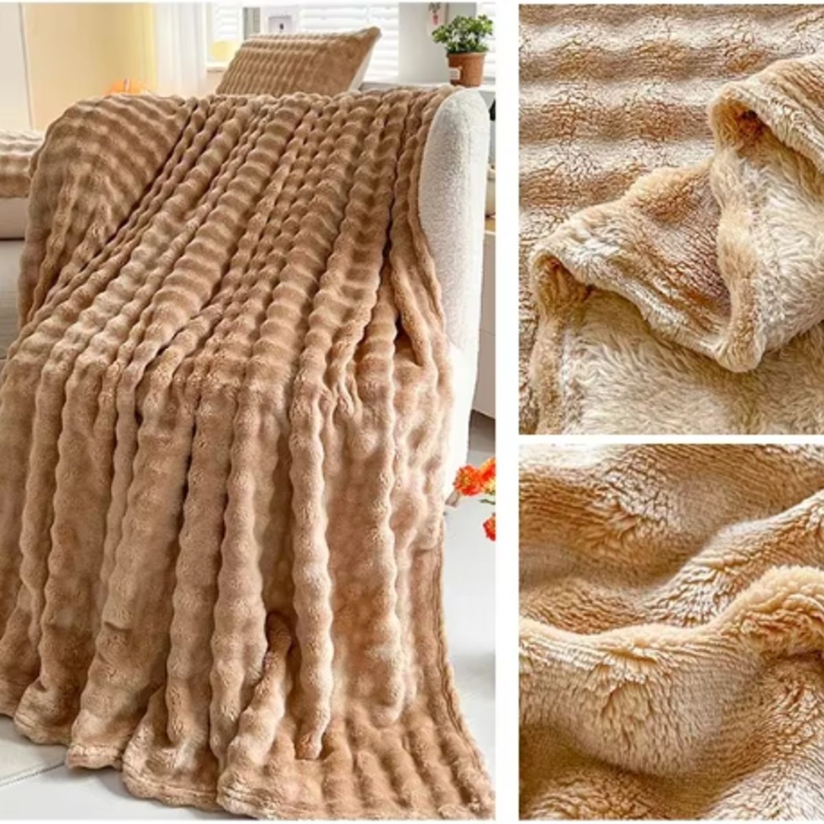 GENERICO - FRAZADA MICROFLEECE SHERPA 2 PLAZAS - BEIGE