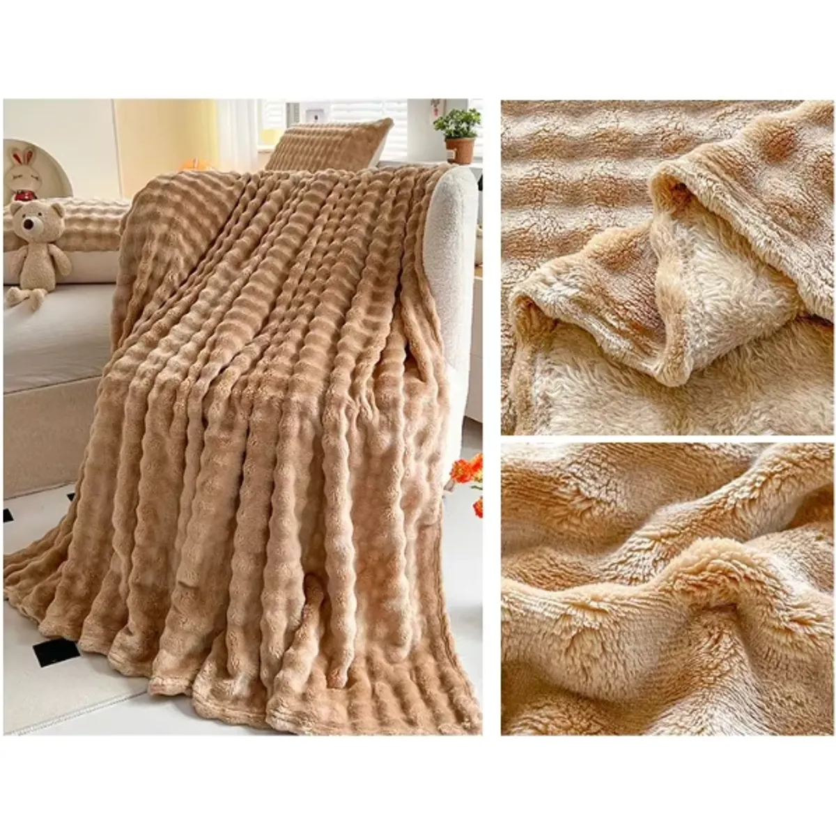 GENERICO - FRAZADA MICROFLEECE SHERPA 2 PLAZAS - BEIGE