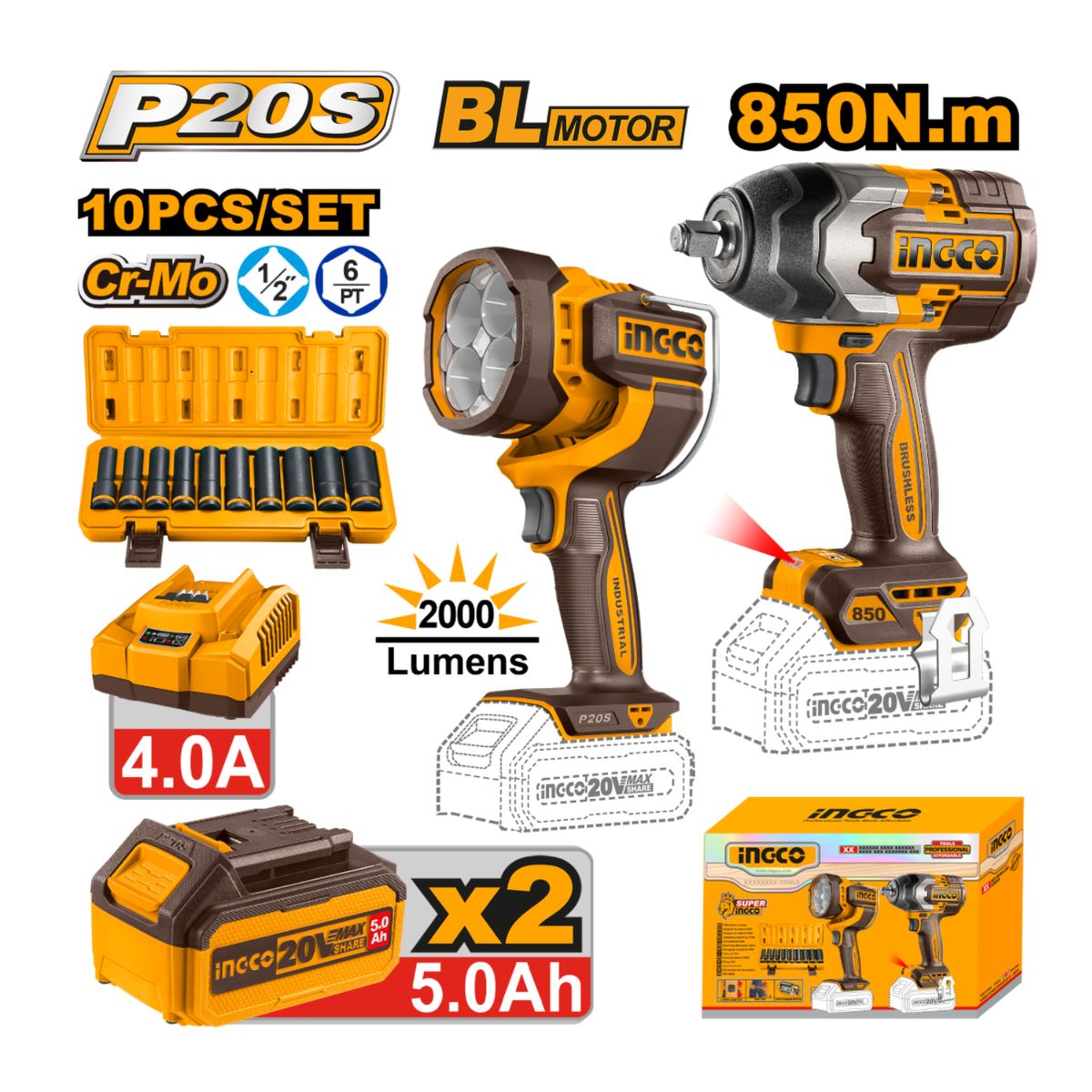 INGCO TOOLS - COSLI241181 COMBO LLAVE IMPACTO 850Nm + LINTERNA LED 24w + ACCESORIOS