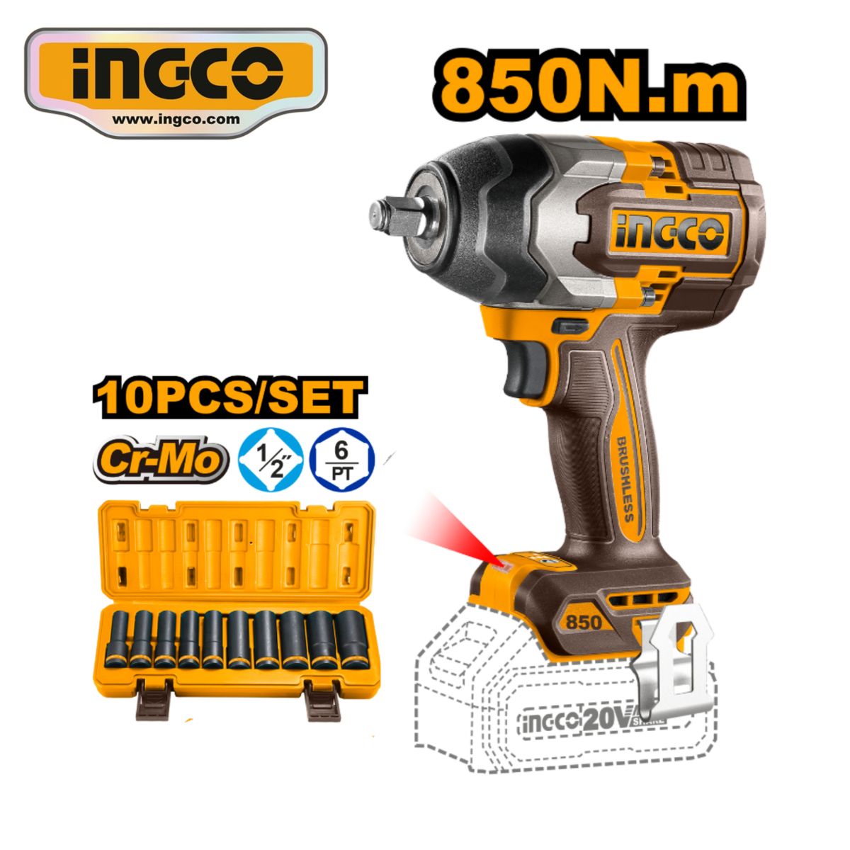 INGCO TOOLS - COSLI241181 COMBO LLAVE IMPACTO 850Nm + LINTERNA LED 24w + ACCESORIOS