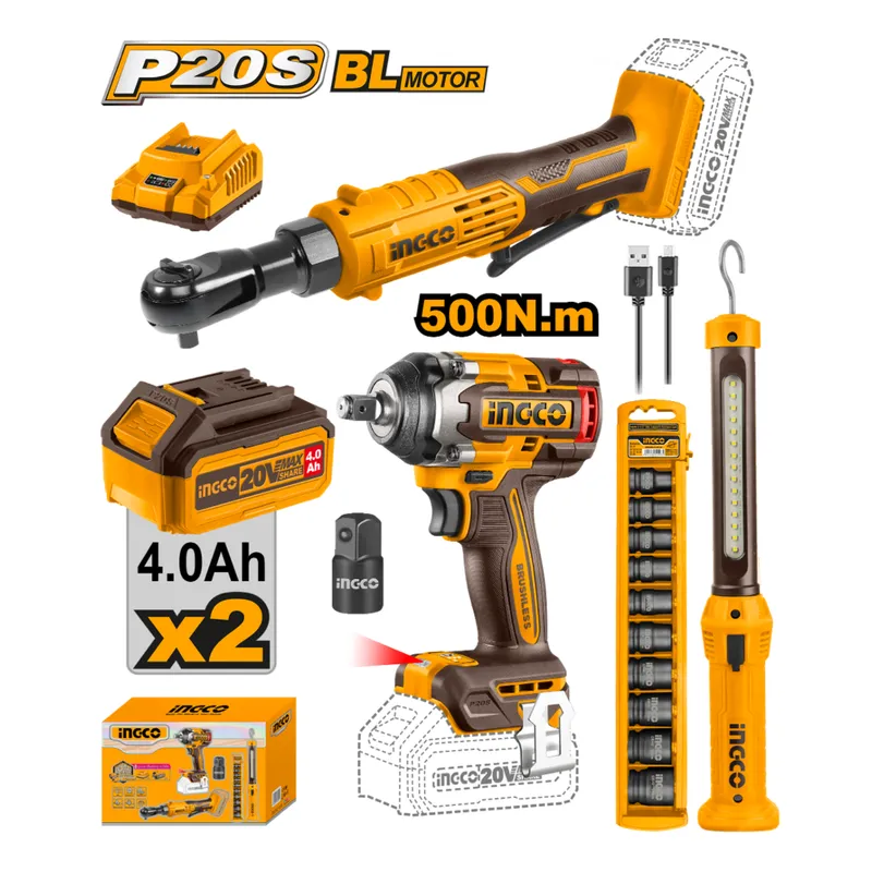 INGCO TOOLS - COSLI240461 KIT LLAVE DE IMPACTO 500Nm + LLAVE RATCHET + LINTERNA MAGNÉTICA