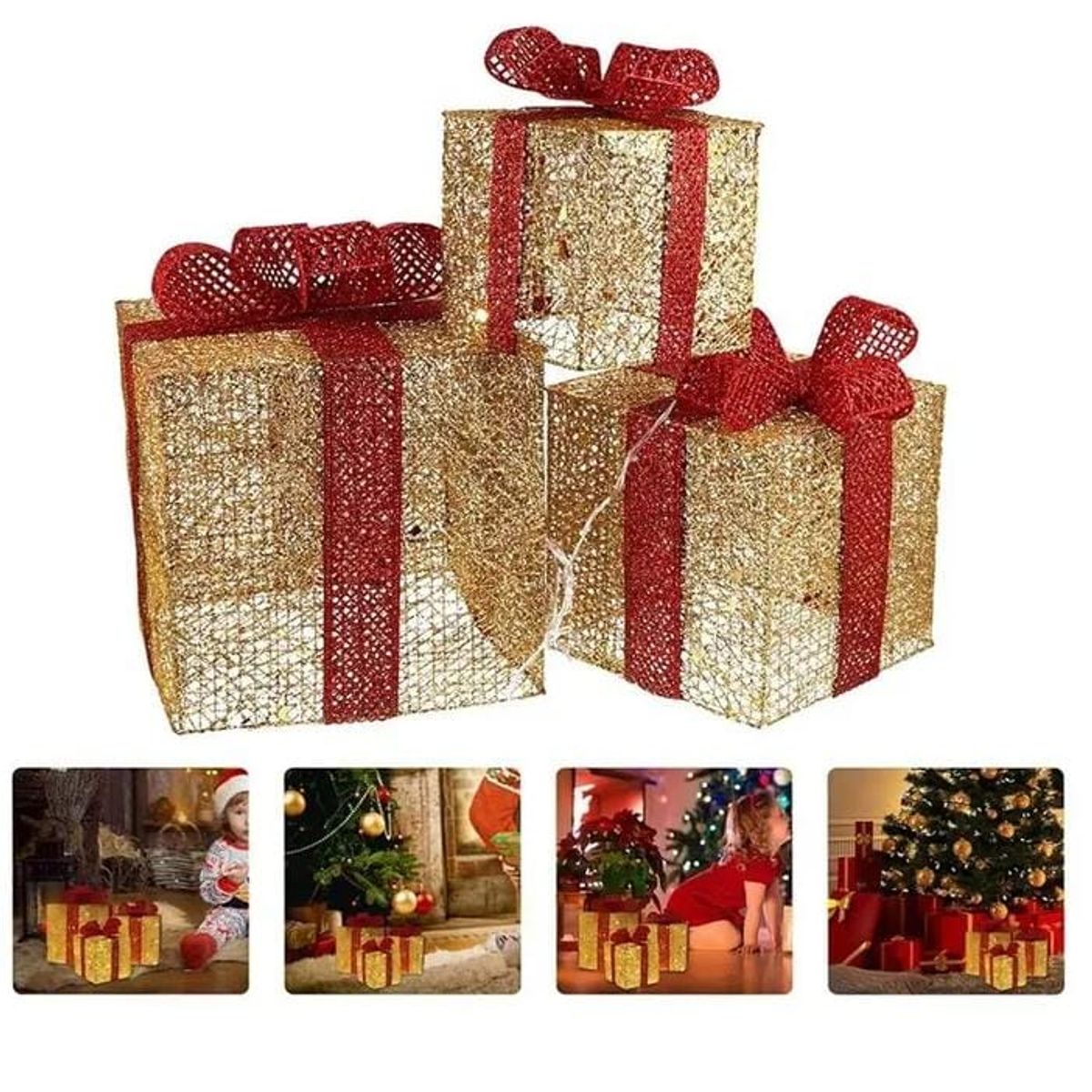 GENERICO - SET DE 3 CAJAS CON LUCES Y LAZOS