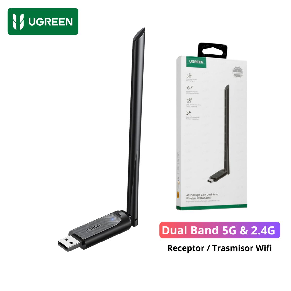 UGREEN - Adaptador WiFi UGREEN USB Antena Doble Banda 24G 5G Alta Velocidad