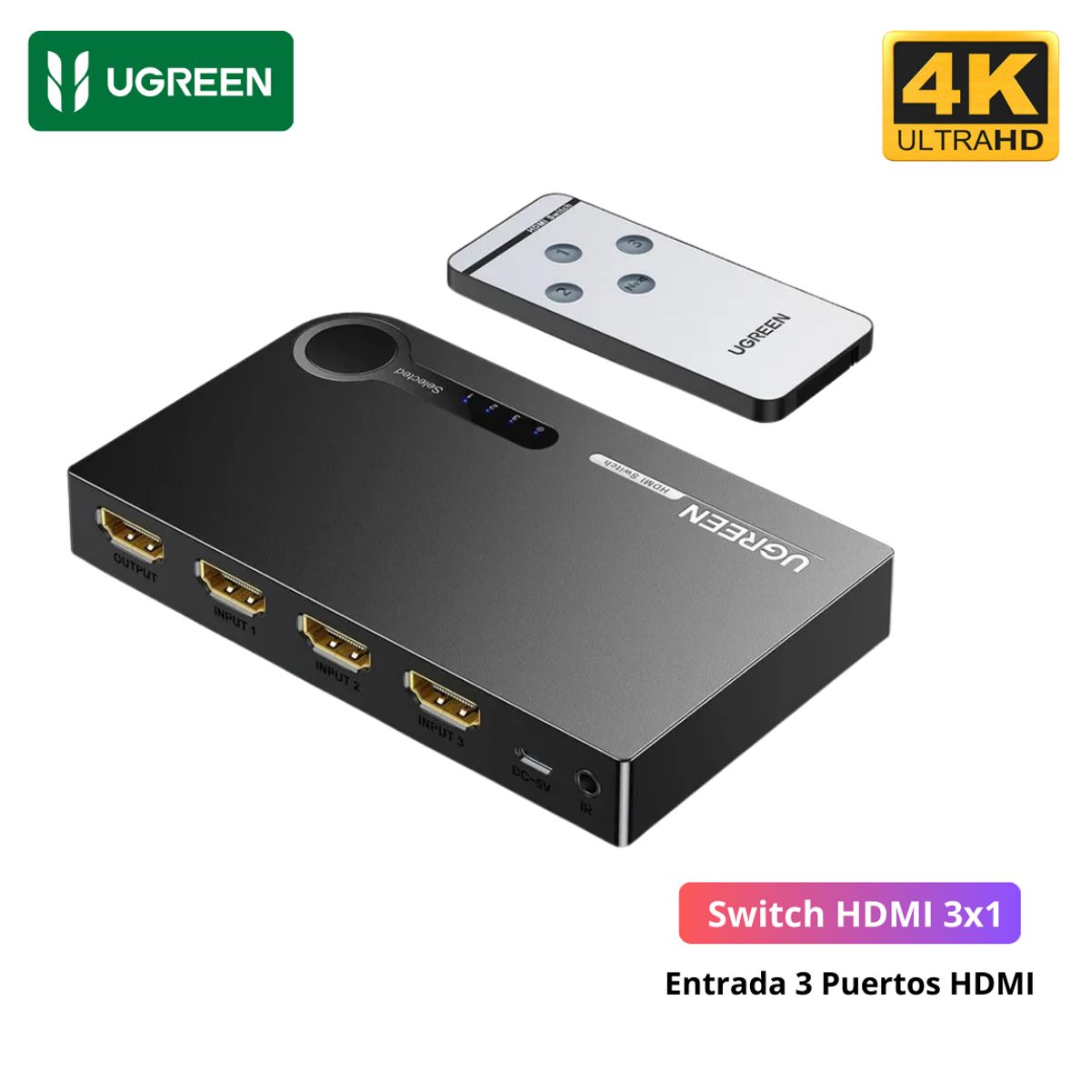UGREEN - Switch Splitter Adaptador HDMI UGREEN 3 en 1 4K 60Hz + Control Remoto
