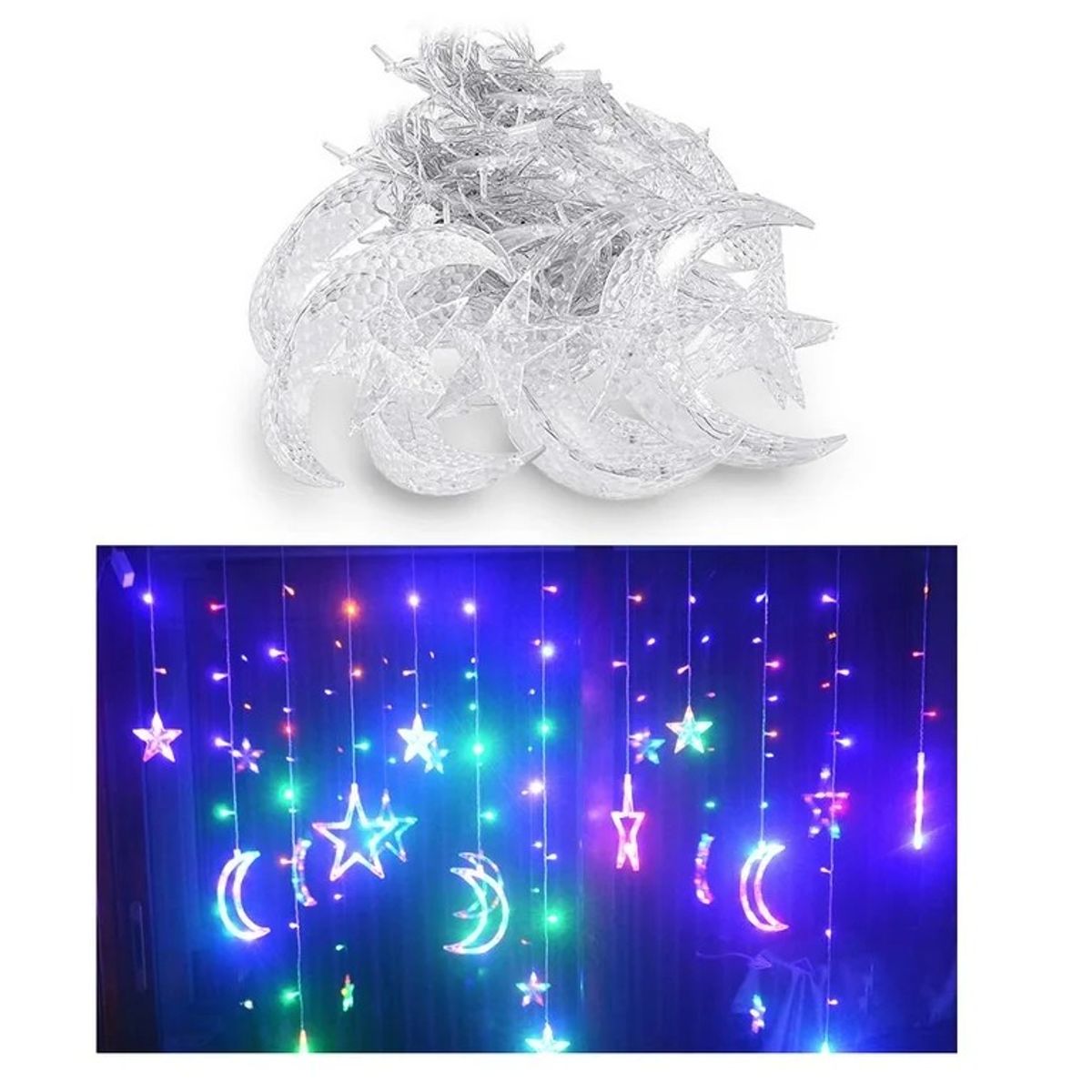OEM - Cortina de Luces Navidad Estrellas Lunas Color RGB Largo 3m Caída 90cm