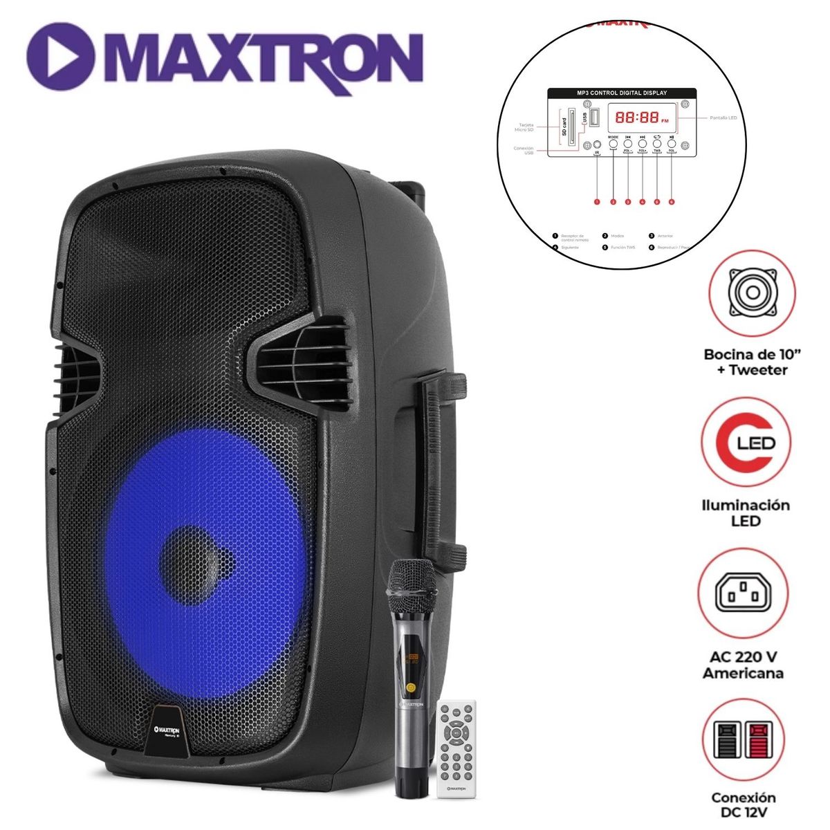 MAXTRON - Parlante Maxtron Merkury MX 1510 USB BT TWS Conex. AC / Micrófono