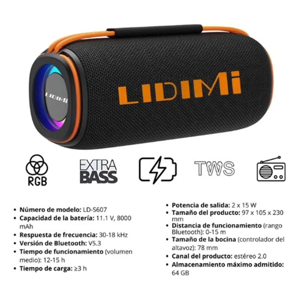 LIDIMI - Parlante Portátil Lidimi Ld-s607 Bluetooth 30w Ipx6