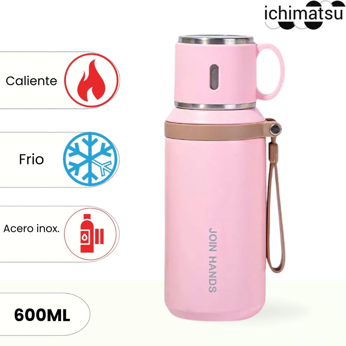 ICHIMATSU - Termo de Acero Inoxidable con asa y cinta Rosado 600 ml.