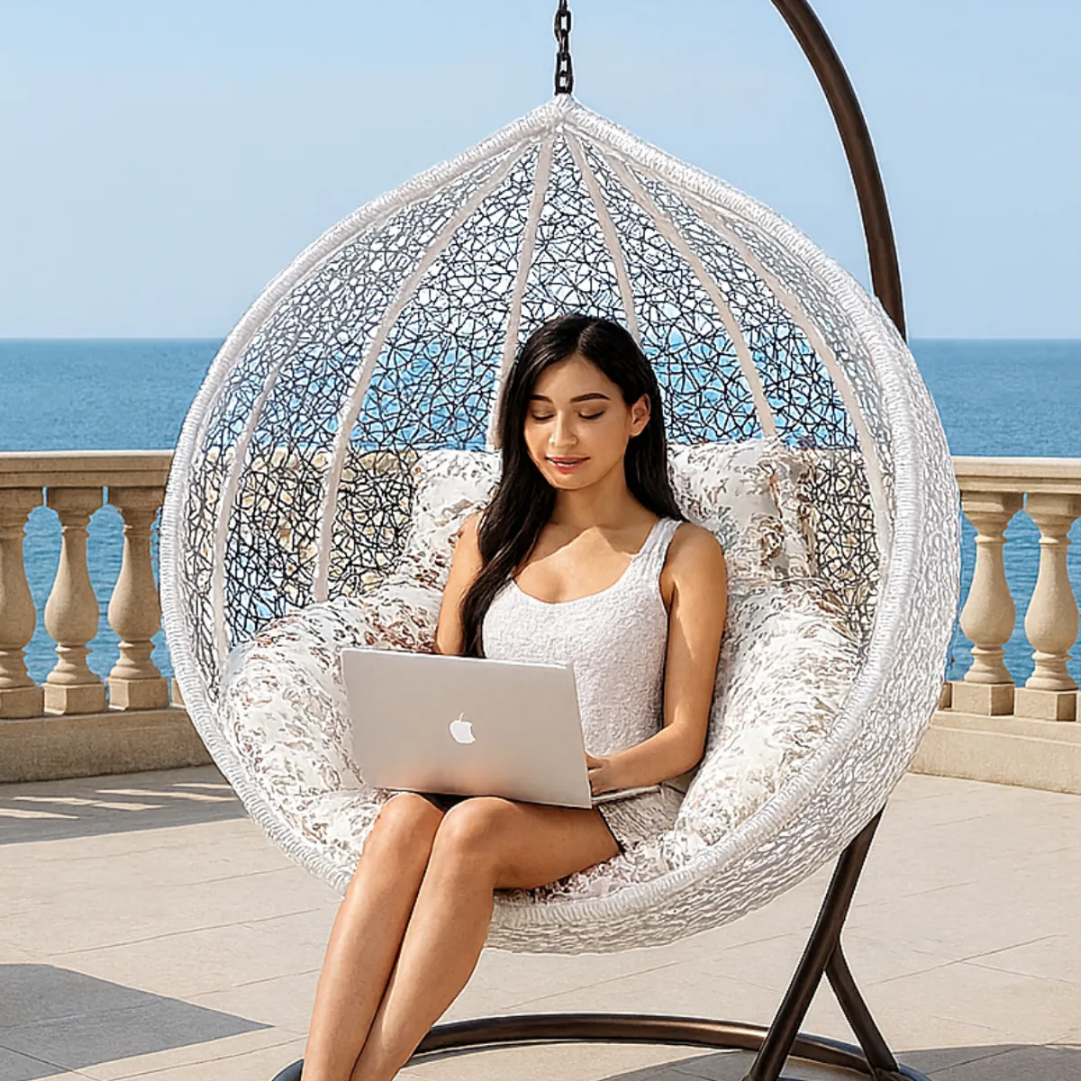 GENERICO - SILLA COLGANTE SILLÓN HAMACA COLUMPIO JARDÍN PLAYA TERRAZA INTERIOR Y EXTERIOR ACERO CARBONO BLANCO