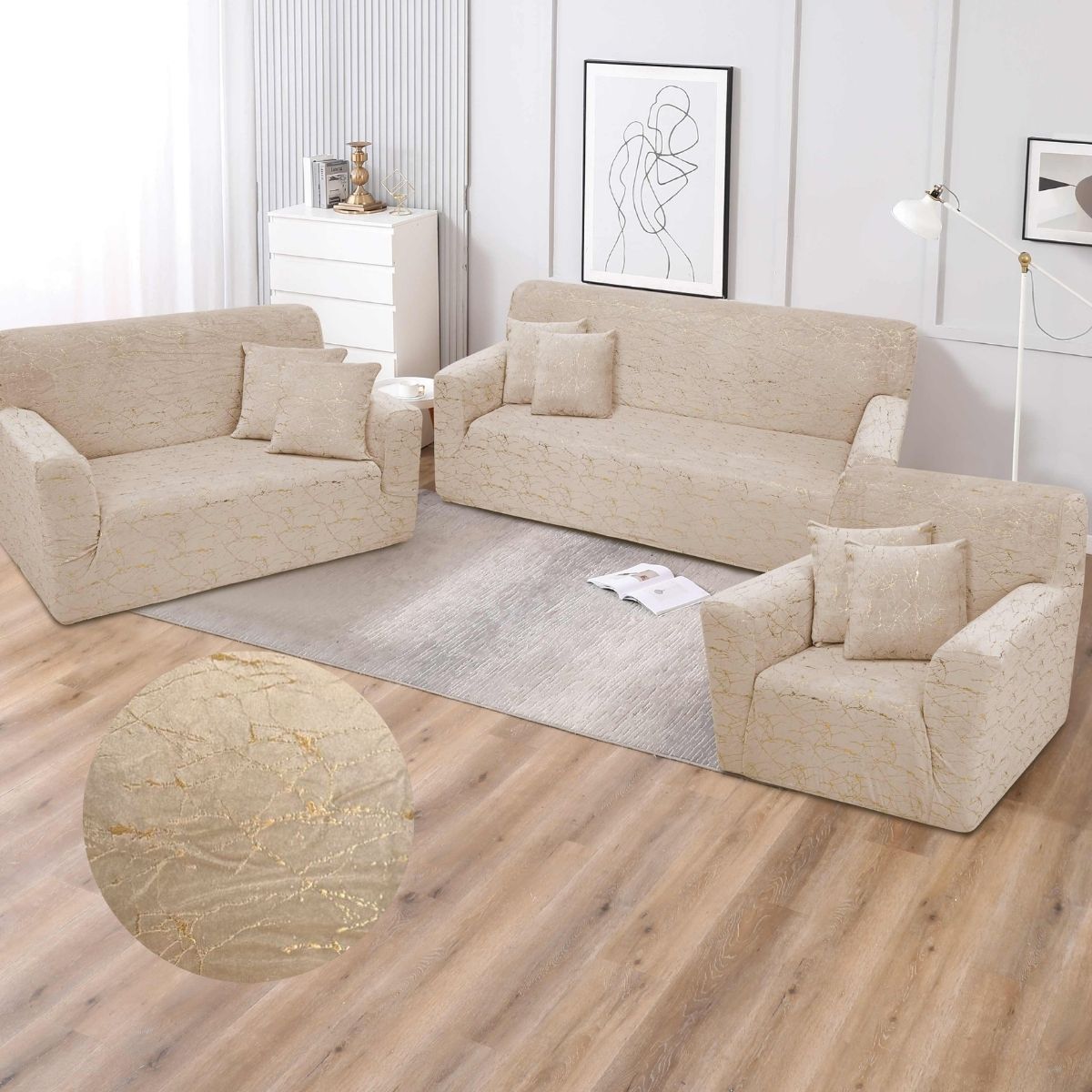 SALA FABULOSA - Funda de mueble terciopelo golden 3-2-1 con 6 fundas de cojines NUDE