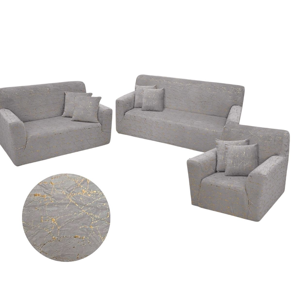 SALA FABULOSA - Funda de mueble terciopelo golden 3-2-1 con 6 fundas de cojines GRIS