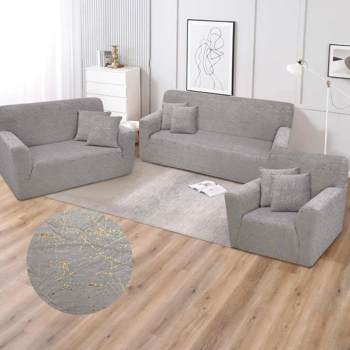 SALA FABULOSA - Funda de mueble terciopelo golden 3-2-1 con 6 fundas de cojines GRIS