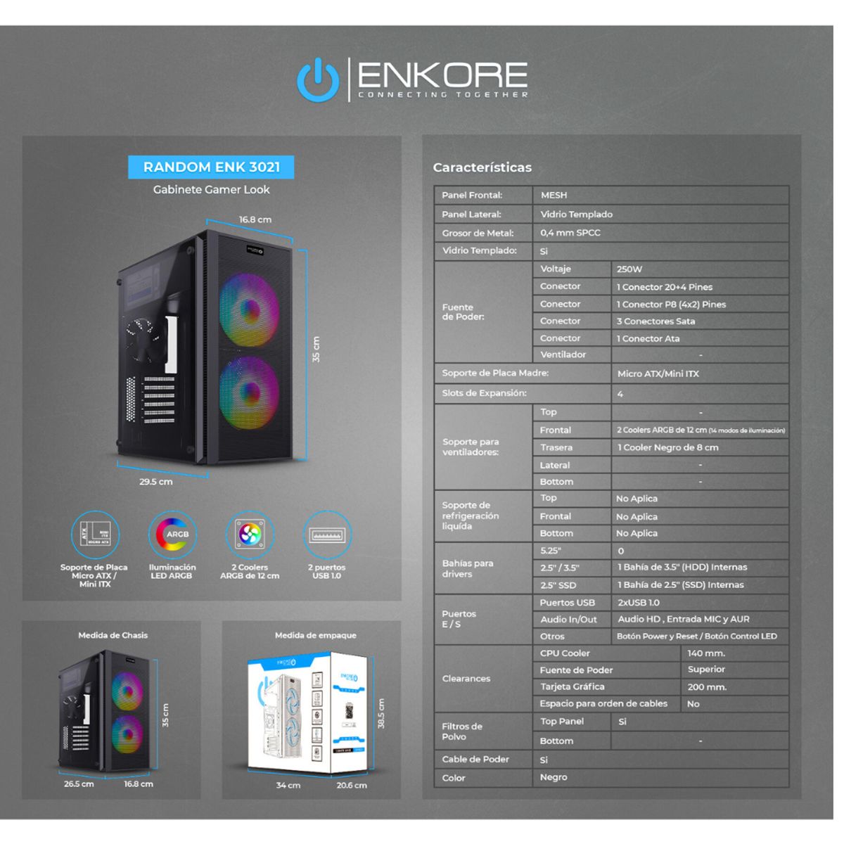 ENKORE - Case Gamer Enkore Random Enk3021 Con 2 Ventiladores Led Argb