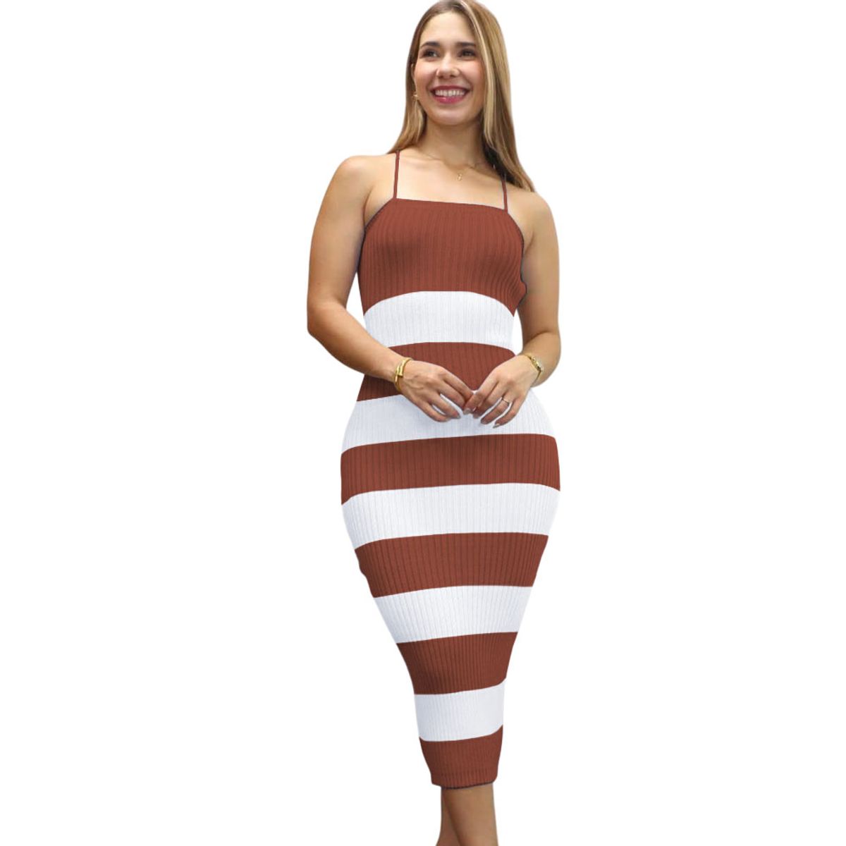 GENERICO - Vestido Mujer Hilo Tacto Maxi Rayas 359G-25 Color Camel
