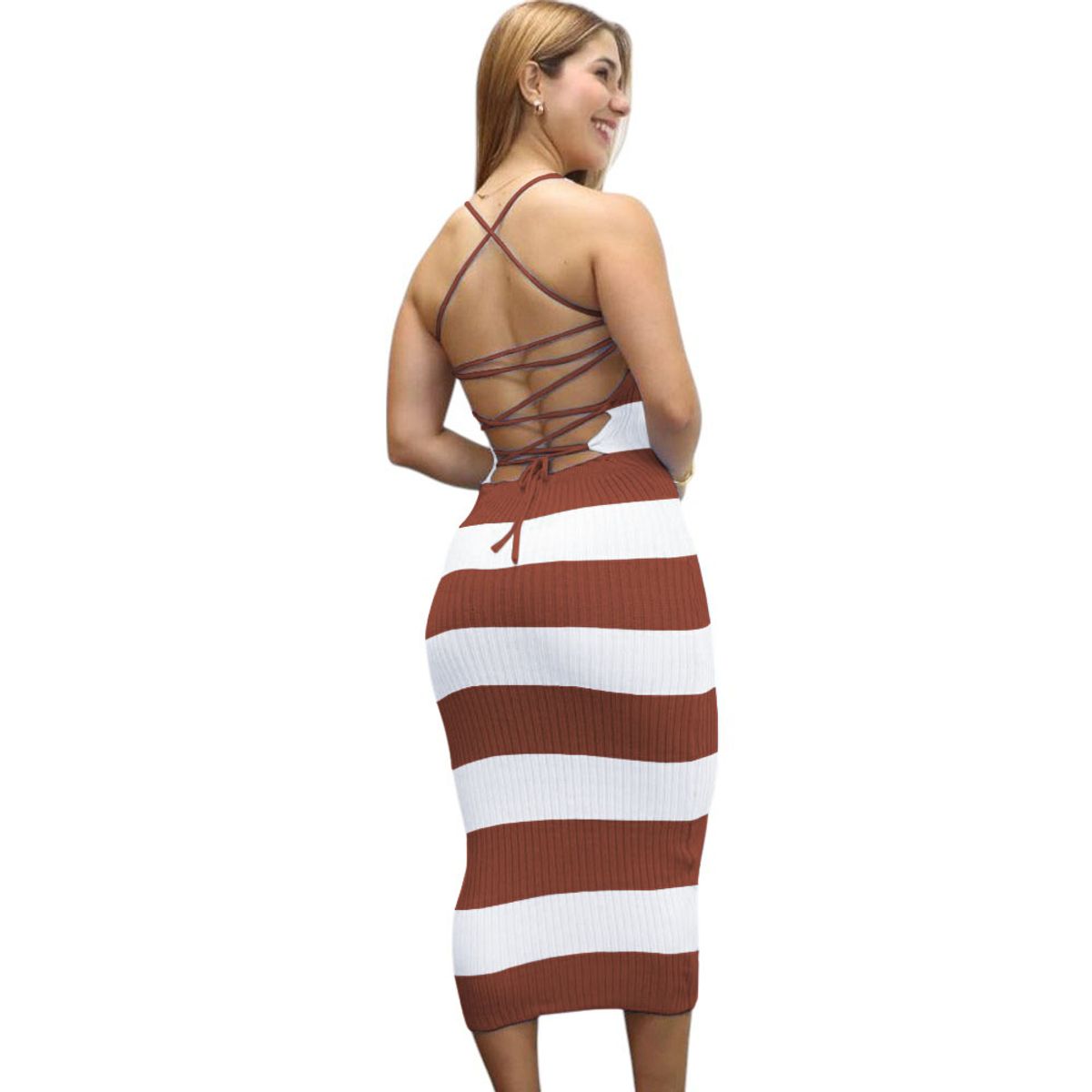 GENERICO - Vestido Mujer Hilo Tacto Maxi Rayas 359G-25 Color Camel