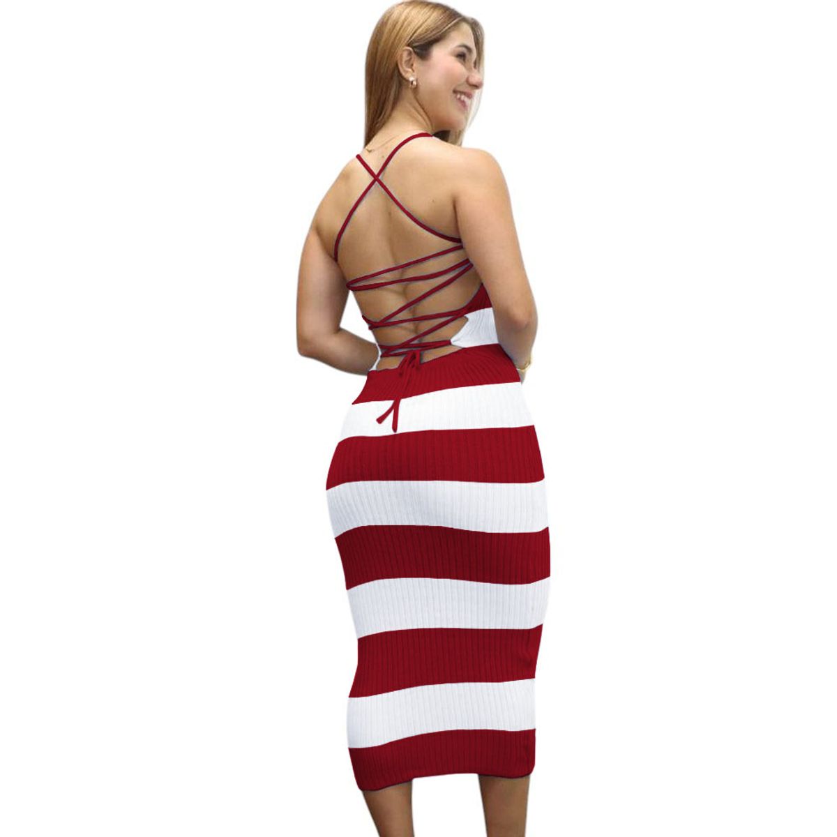 GENERICO - Vestido Mujer Hilo Tacto Maxi Rayas 359G-25 Color Guinda