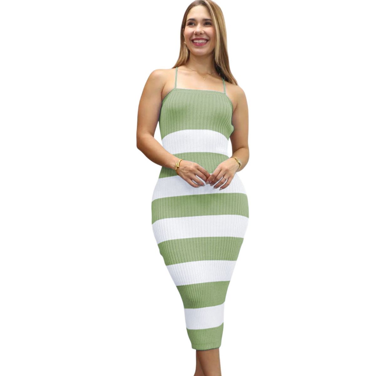 GENERICO - Vestido Mujer Hilo Tacto Maxi Rayas 359G-25 Color Verde