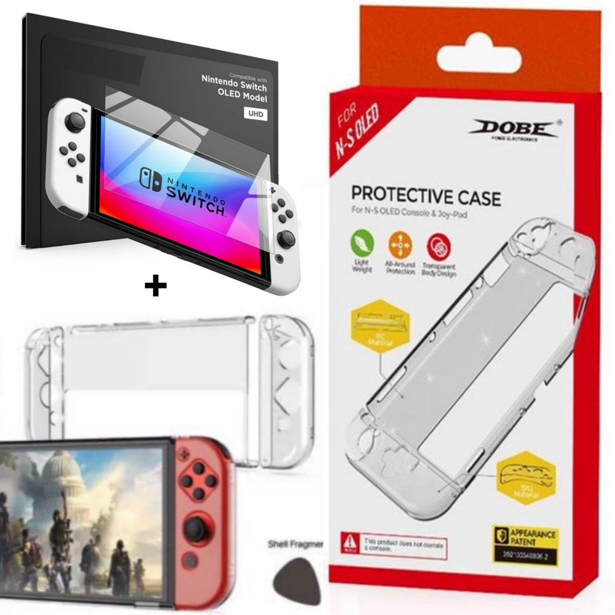 DOBE - Case Transparente Nintendo Switch OLED + Mica de vidrio +Funda Joy-Con