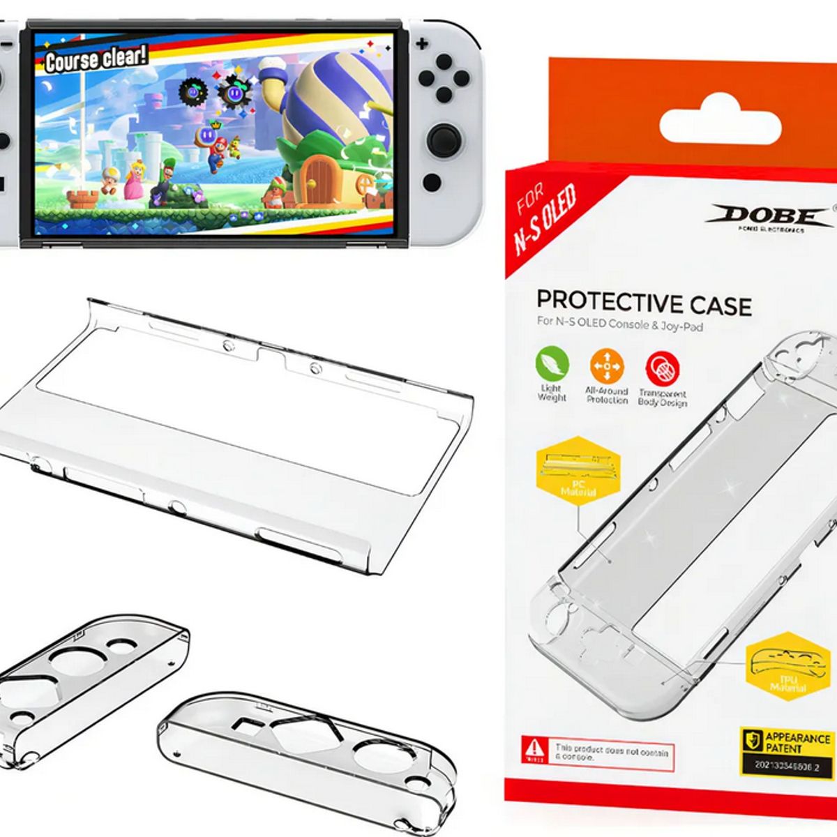 DOBE - Case Transparente Nintendo Switch OLED + Mica de vidrio +Funda Joy-Con