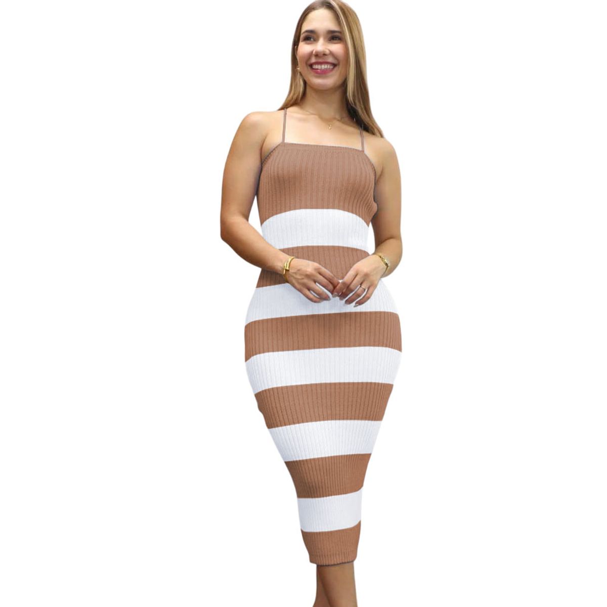 GENERICO - Vestido Mujer Hilo Tacto Maxi Rayas 359G-25 Color Beige
