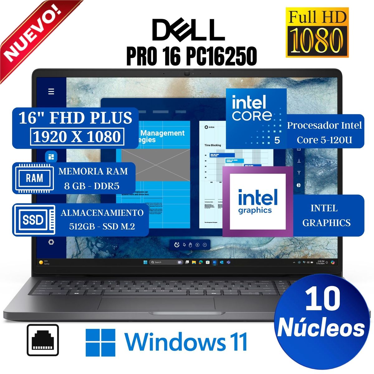 DELL - Laptop DELL Pro 16 PC16250 16" FHD IPS, Core 5-120U, Ram 8GB, Ssd 512GB, Win 11 Pro