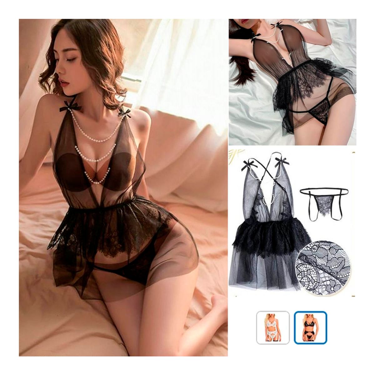 GENERICO - Babydoll de Encaje para Mujer con Perlas