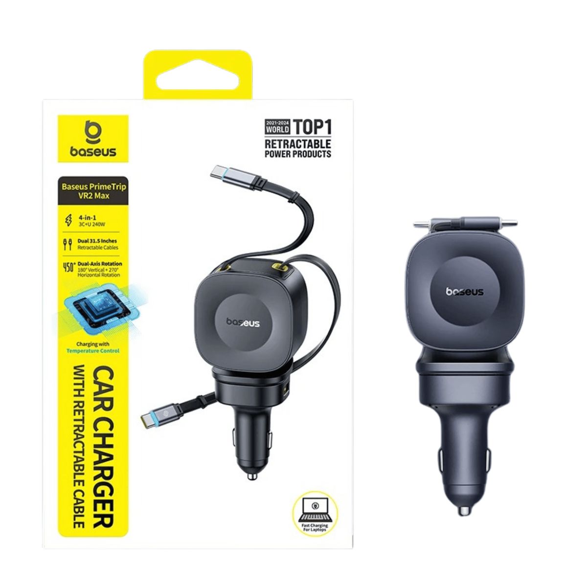 BASEUS - Cargador Auto Carga Rápida Total 240w Cable Retráctil 4 Puertos Baseus