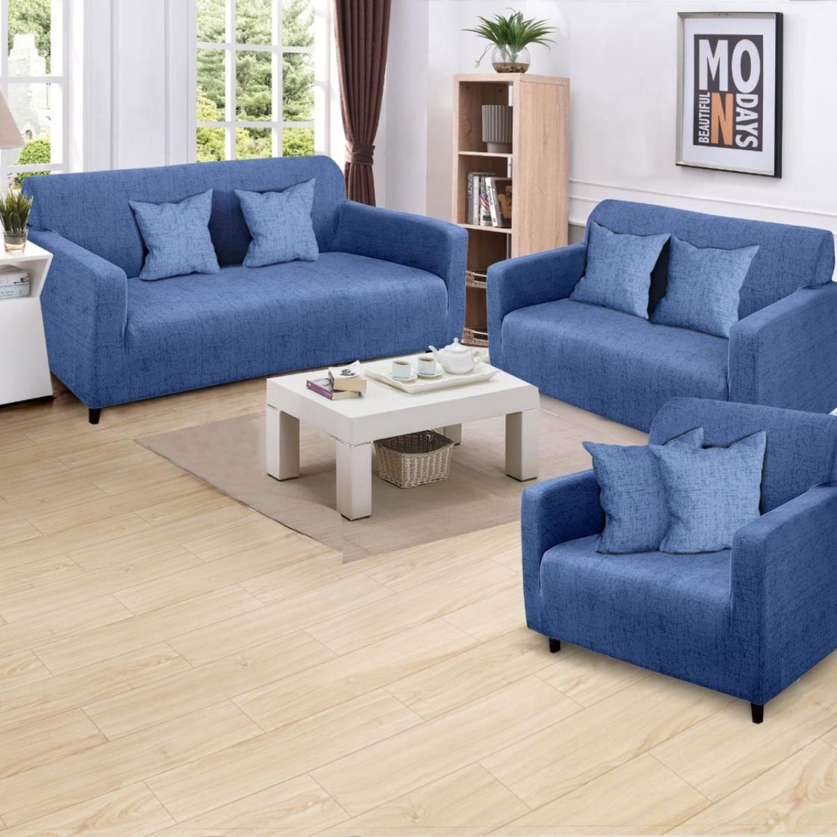 SALA FABULOSA - Funda de mueble 3-2-1 terciopelo printed y 6 fundas cojines Denim