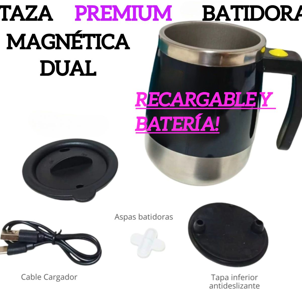 GENERICO - TAZA BATIDORA AUTOMÁTICA MAGNÉTICO PREMIUN DUAL RECARGABLE ACERO INOX