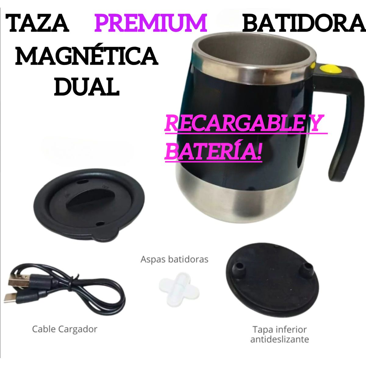 GENERICO - TAZA BATIDORA AUTOMÁTICA MAGNÉTICO PREMIUN DUAL RECARGABLE ACERO INOX