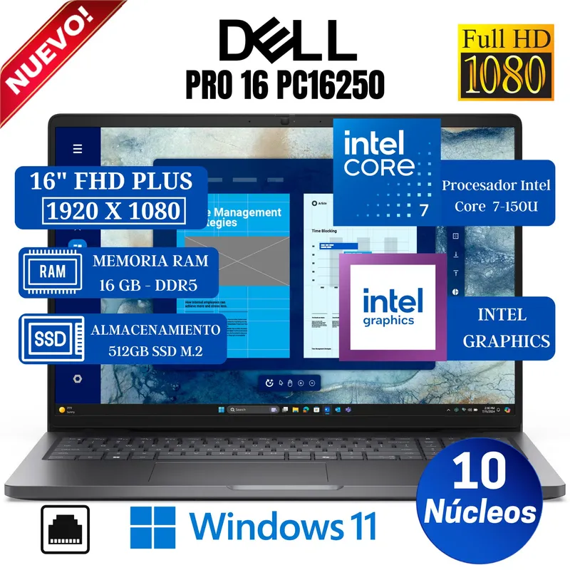 DELL - Laptop Dell Pro 16 PC16250 16” FHD Plus, Intel Core 7-150U, Ram 16GB, Ssd 512 GB, Win 11 Pro