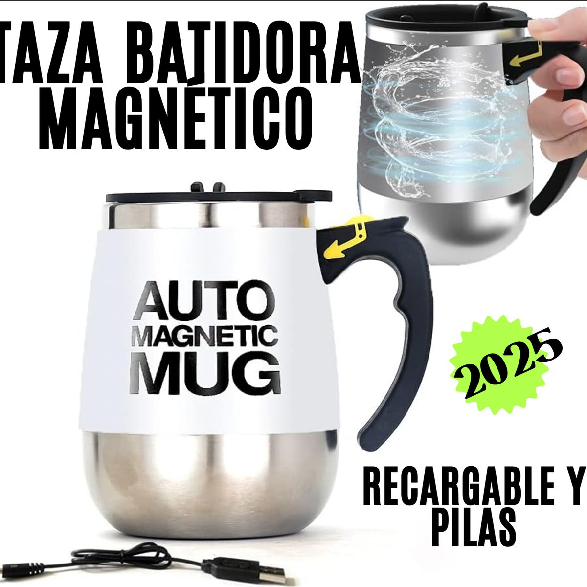 GENERICO - TAZA BATIDORA AUTOMÁTICA MAGNÉTICO PREMIUN RECARGABLE ACERO INOX