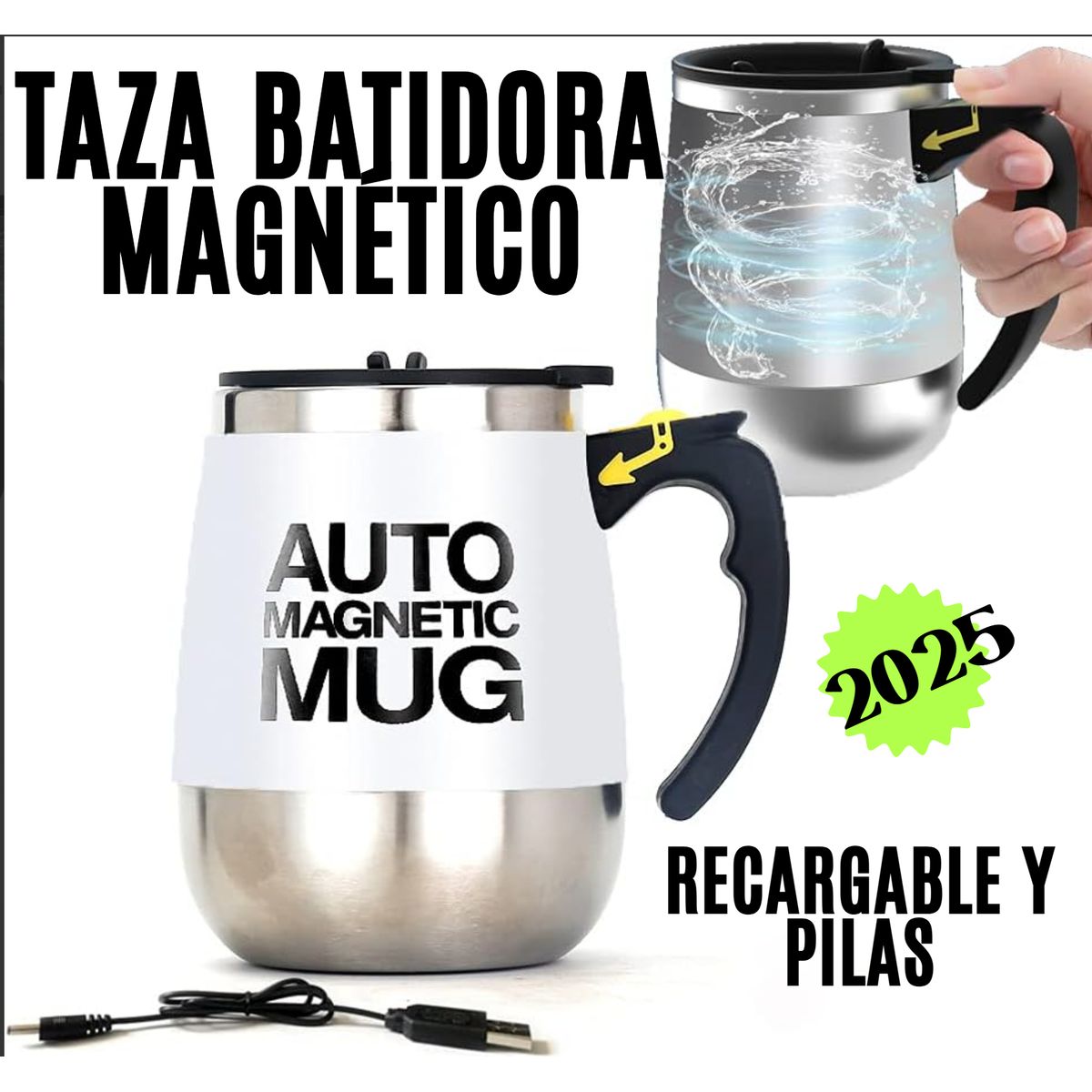 GENERICO - TAZA BATIDORA AUTOMÁTICA MAGNÉTICO PREMIUN RECARGABLE ACERO INOX
