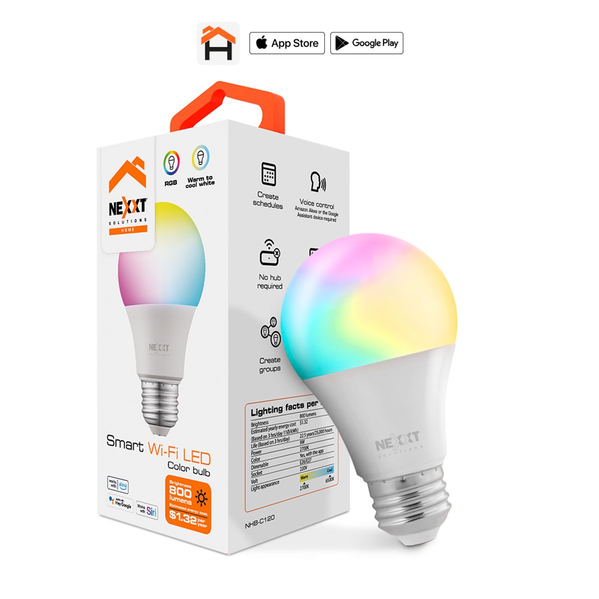 NEXXT SOLUTIONS - Foco LED inteligente Wi-Fi 220V A19 Luces Color Bombilla - NHB-C120M