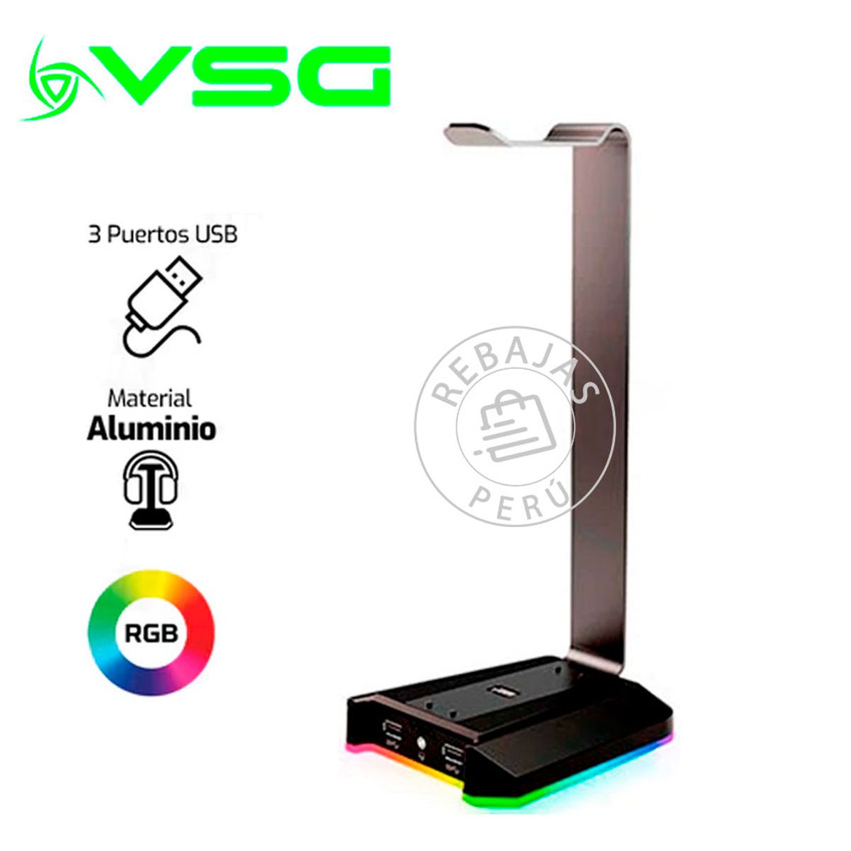 VSG - Soporte VSG Atlas RGB para Audífonos con USB tipo-A y Jack 3.5 mm