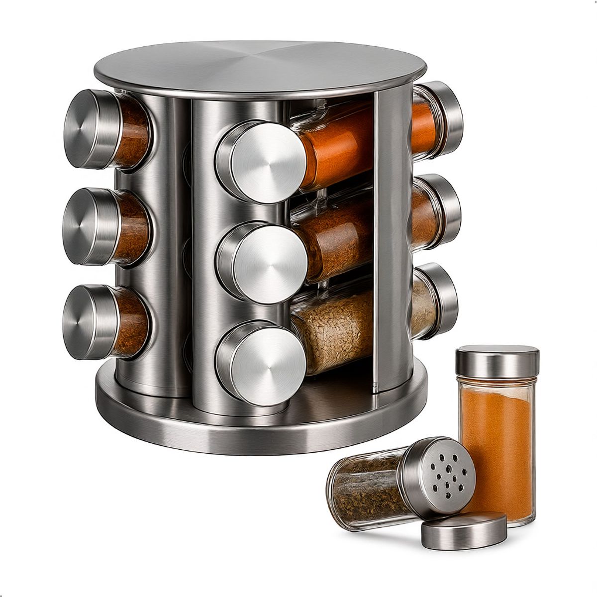GENERICO - Condimentero Giratorio 360° 12 Piezas En Acero Y Vidrio