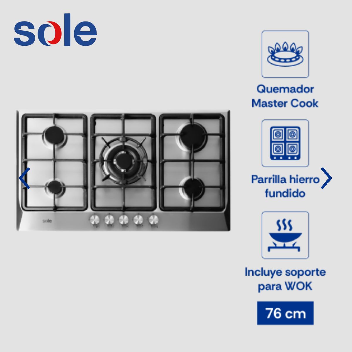 SOLE - Encimera Acero Inoxidable Sole A Gas 86cm