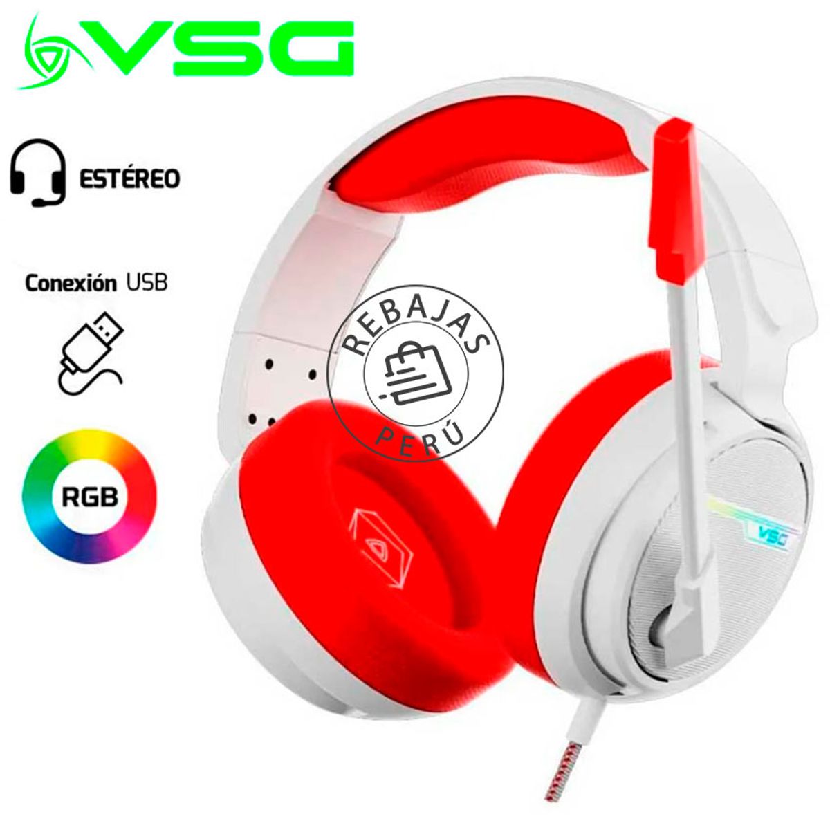 VSG - Audífono VSG Pentagon Rojo USB 2.0 con Micrófono Omnidireccional