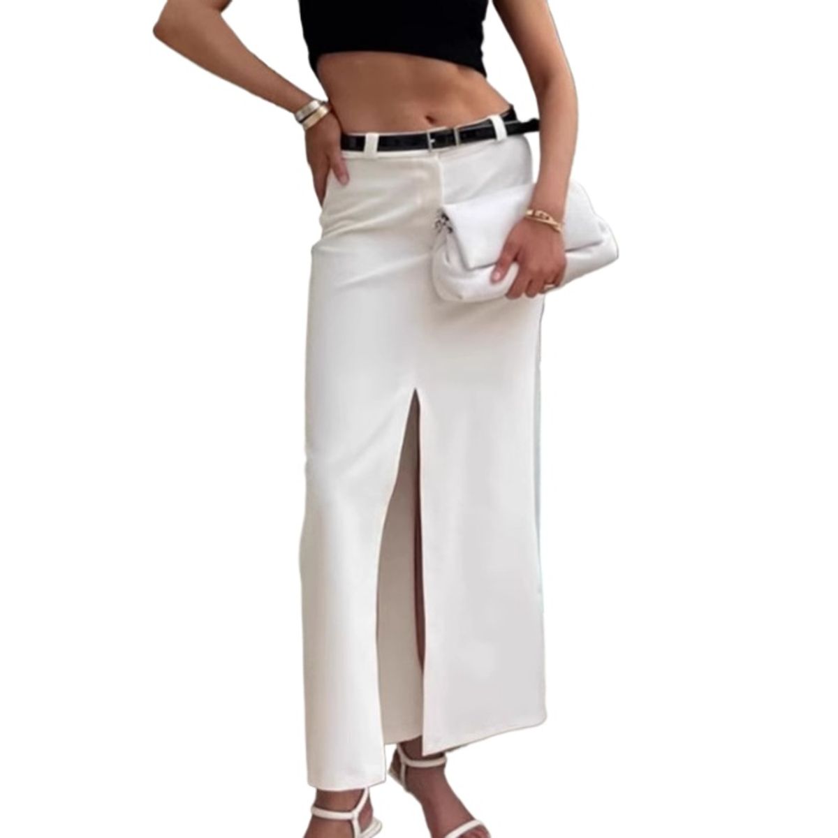 TIOZONEY - Falda larga con estampado para mujer - Blanco