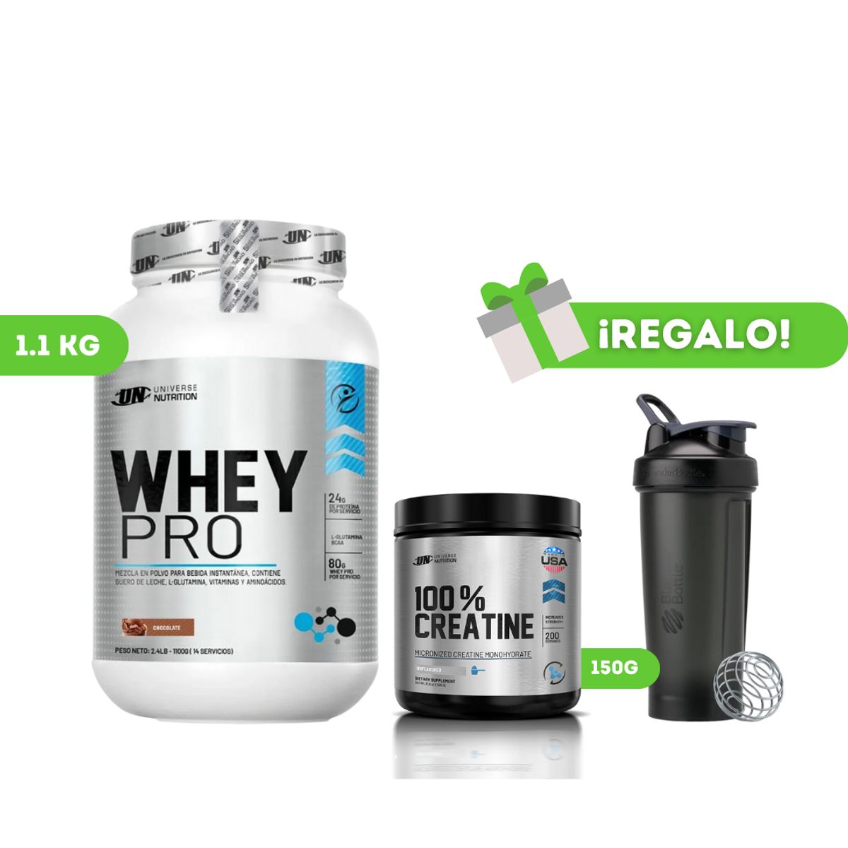 UNIVERSE NUTRITION - PROTEÍNA WHEY PRO 1KG CHOCOLATE + CREATINA UN 150G + SHAKER