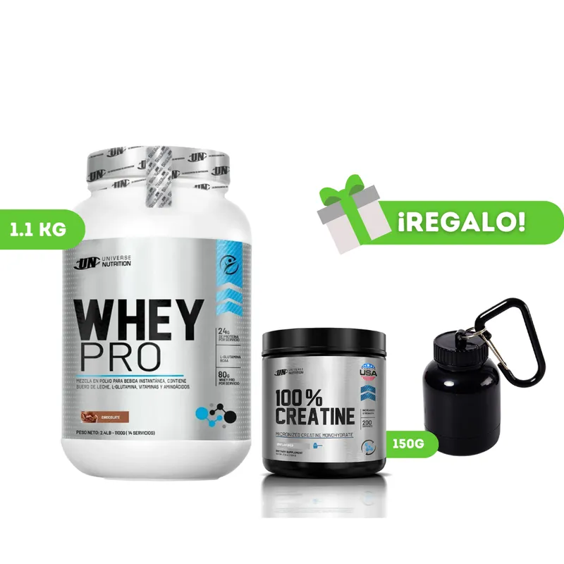 UNIVERSE NUTRITION - PROTEÍNA WHEY PRO 1KG CHOCOLATE + CREATINA UN 150G + PORTAPROTEINA