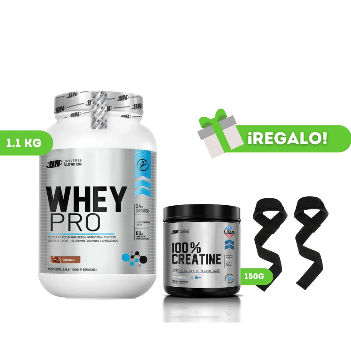 UNIVERSE NUTRITION - PROTEÍNA WHEY PRO 1KG CHOCOLATE + CREATINA UN 150G + STRAPS