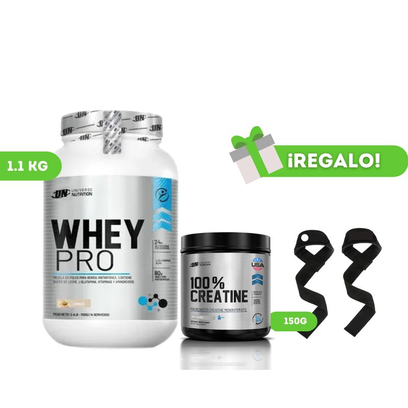 UNIVERSE NUTRITION - PROTEÍNA WHEY PRO 1KG COOKIES + CREATINA UN 150G + STRAPS