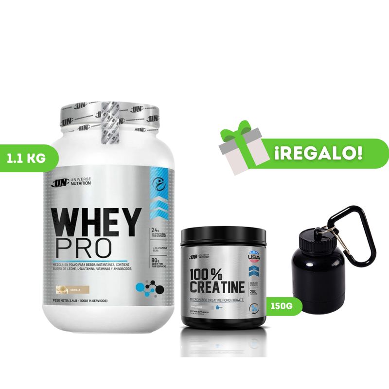 UNIVERSE NUTRITION - PROTEÍNA WHEY PRO 1KG VAINILLA+ CREATINA UN 150G + PORTAPROTEINA