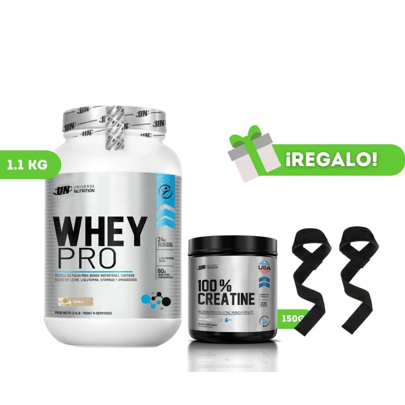 UNIVERSE NUTRITION - PROTEÍNA WHEY PRO 1KG VAINILLA+ CREATINA UN 150G + STRAPS