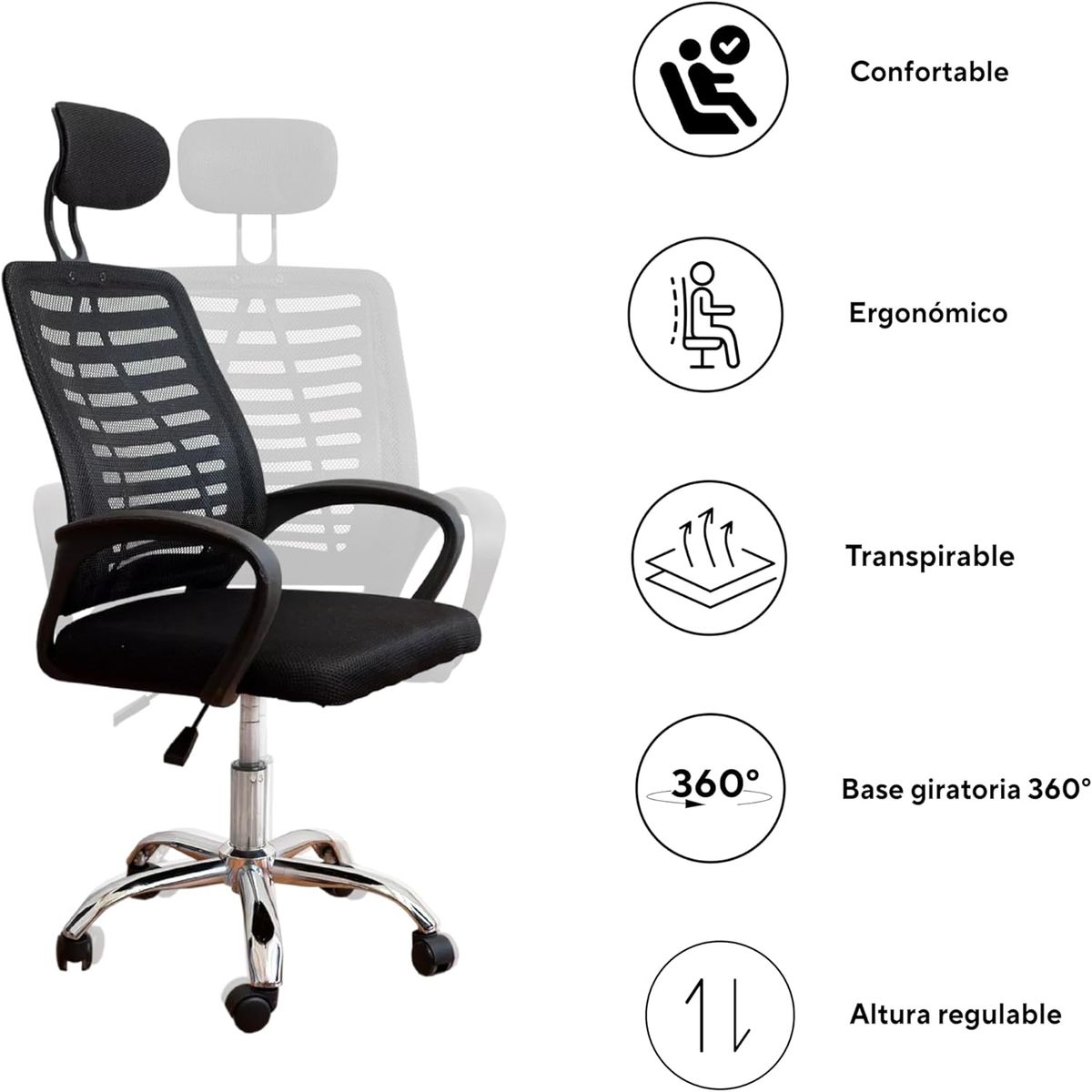 GENERICO - SILLA OFICINA ESCRITORIO ERGONÓMICA CABECERA REGULABLE BASE DE METAL