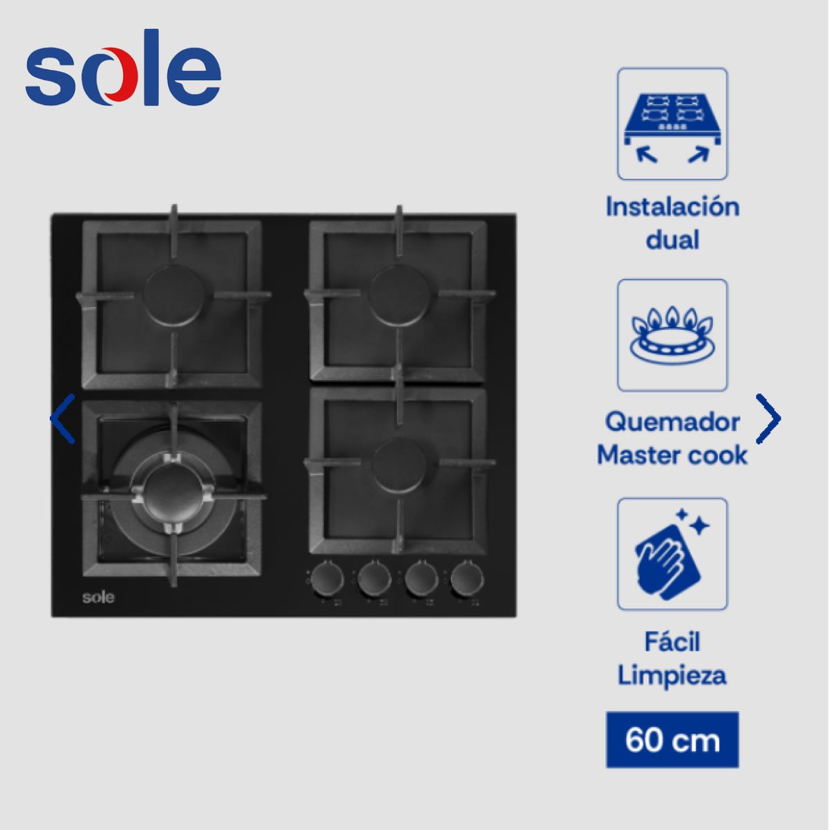 SOLE - Encimera Vidrio Templado Sole A Gas 60cm - SOLCO070