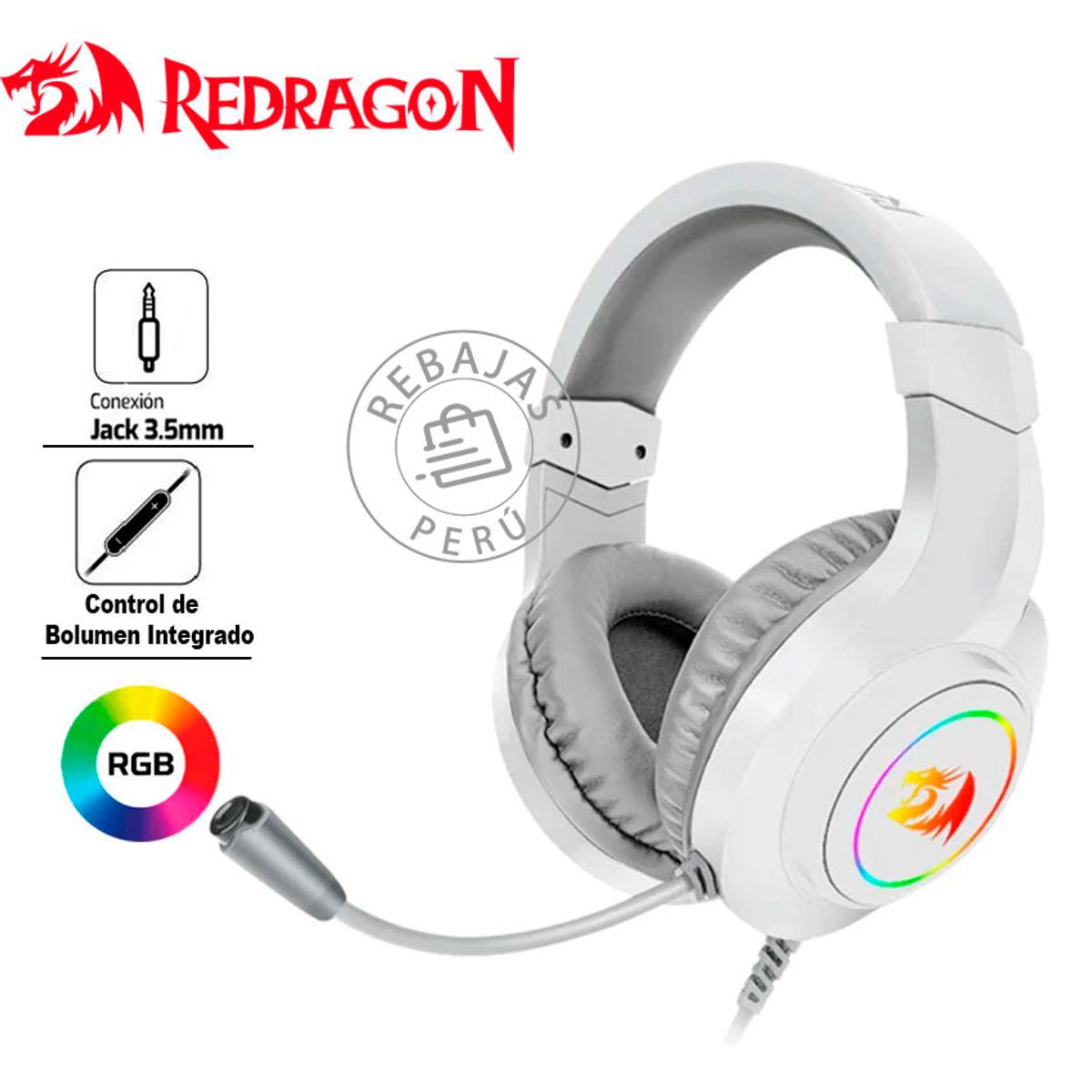 REDRAGON - Auriculares Redragon H260W RGB White Gamer 35mm con Micrófono