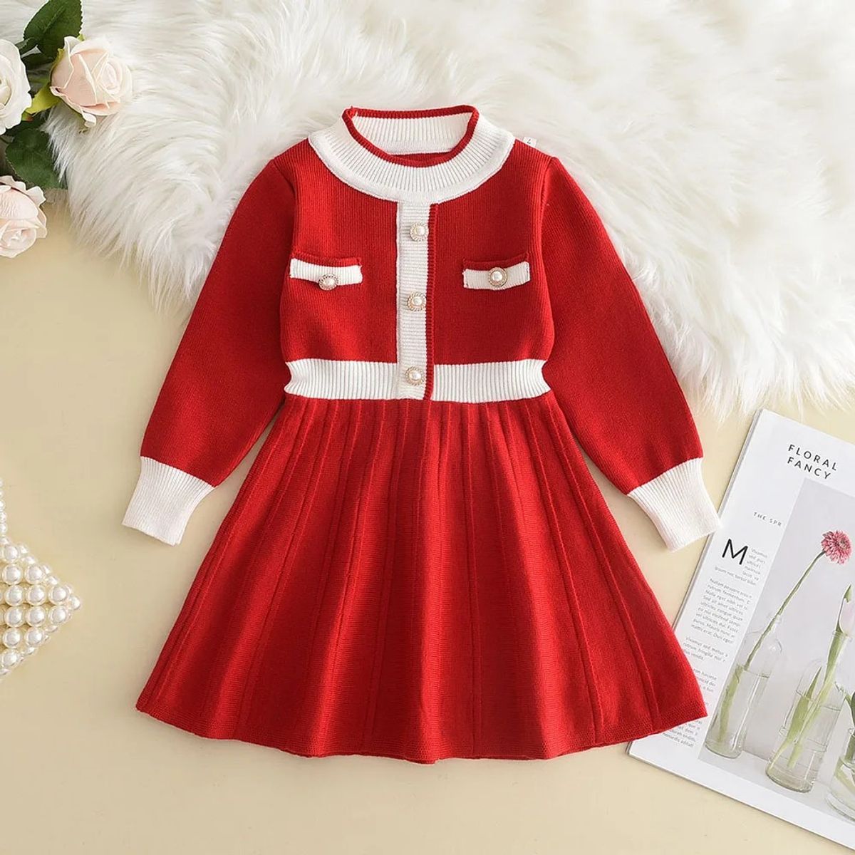 GENERICO - Vestido de Niña Tejido Rojo Otoño-Invierno Estilo Chompa